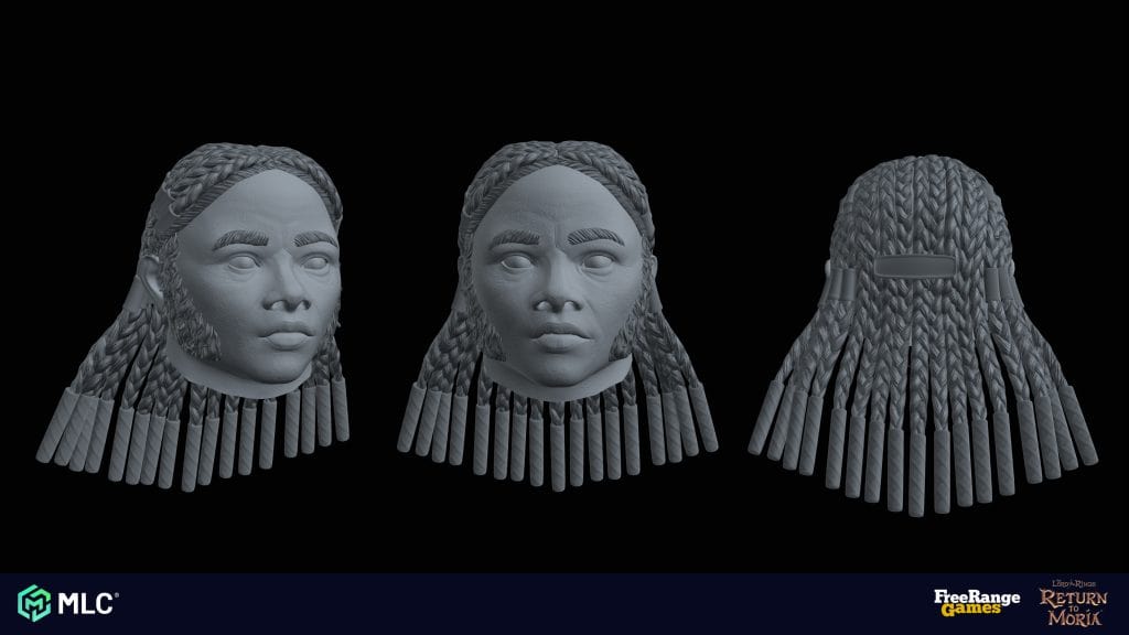 Detailed 3D character bust of a Native American woman with intricate braids, showcasing a realistic and stylised artistic style for game development.