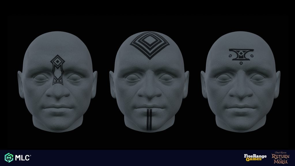 Head sculptures with tribal tattoos on their foreheads, featuring different geometric designs, set against a dark background. Ideal for game art, visual effects, or character design concepts.