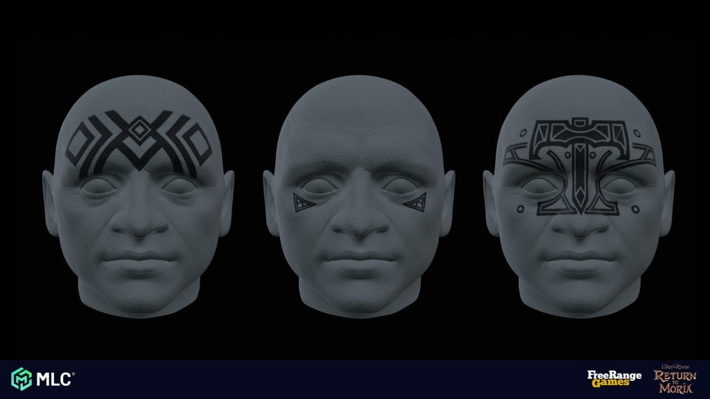 Intricate tribal face tattoos on three unemotional male faces, featuring black geometric patterns and symbols, displayed on a dark background for a game art concept.