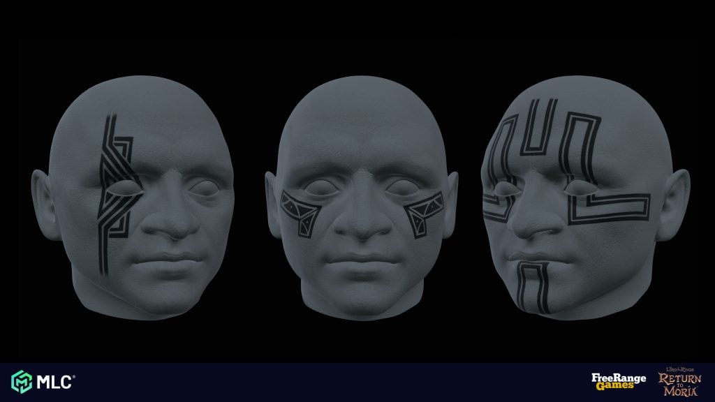 Intricate tribal face tattoos on three grey mannequin heads against a black background. The tattoos feature detailed geometric designs across the foreheads, cheeks, and around the eyes.