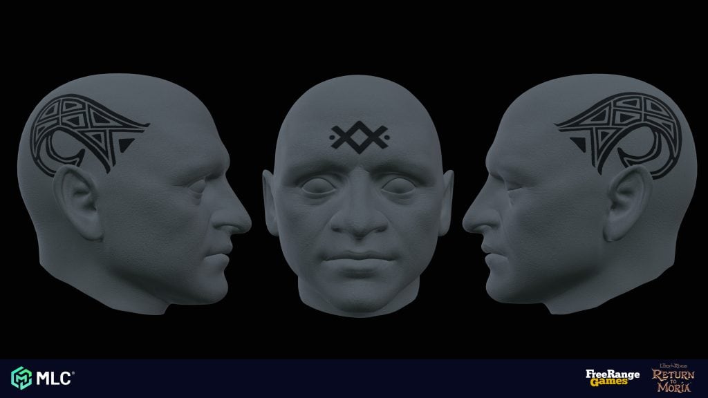 Striking grey statues of three human heads with Norse-inspired tattoos and symbols, set against a pitch-black background, representing game art and fantasy themes by MLC Studio.