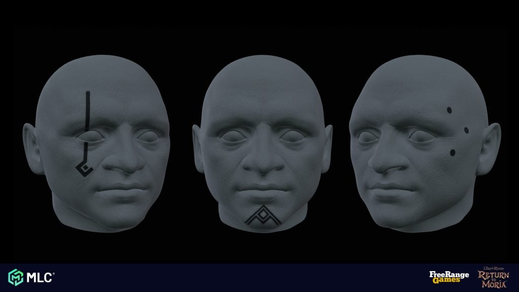 High-detail 3D model of futuristic humanoid heads with advanced cybernetic facial tattoos and markings, set against a black background, showcasing sci-fi character design elements.