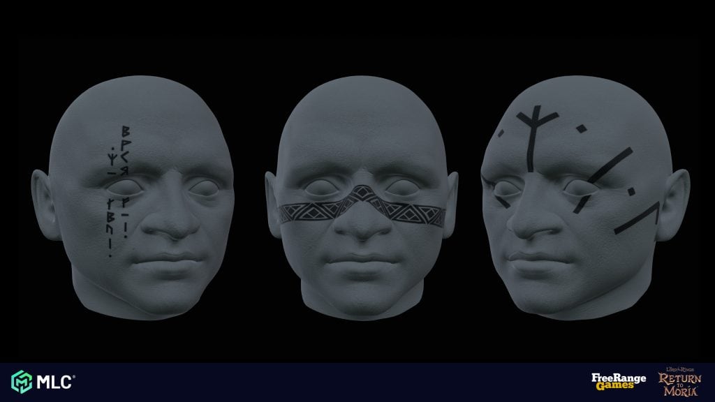 3. Futuristic mannequin heads with tribal and digital tattoos, displaying artistic facial markings and geometric patterns, designed for game art and animation projects.