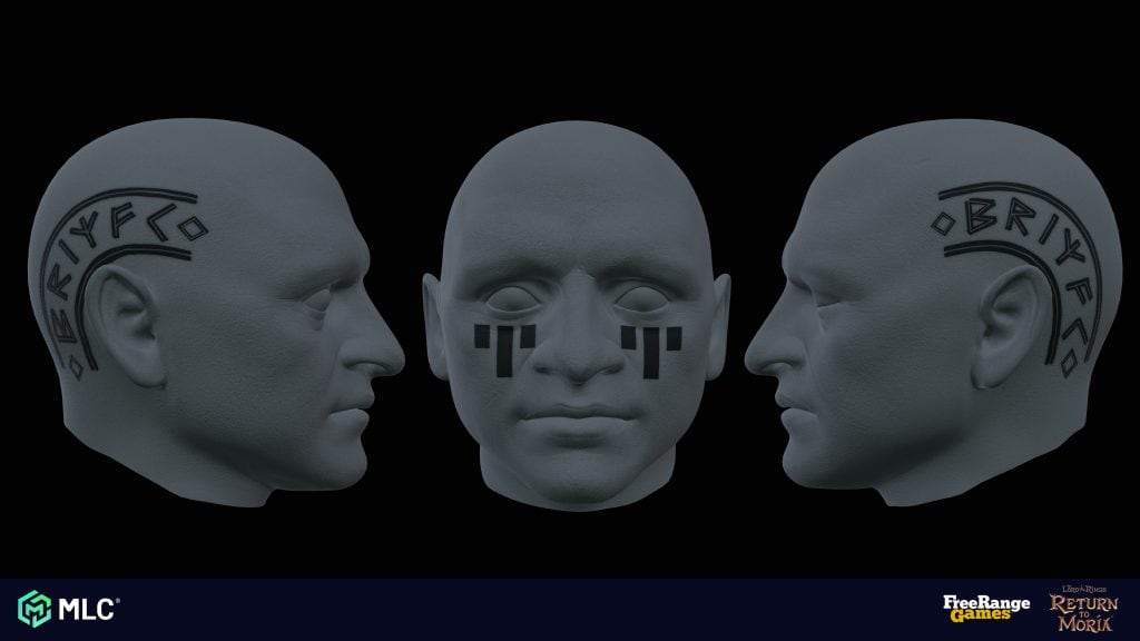 A futuristic humanoid head sculpture with digital face tattoos and modern geometric patterns on the sides.