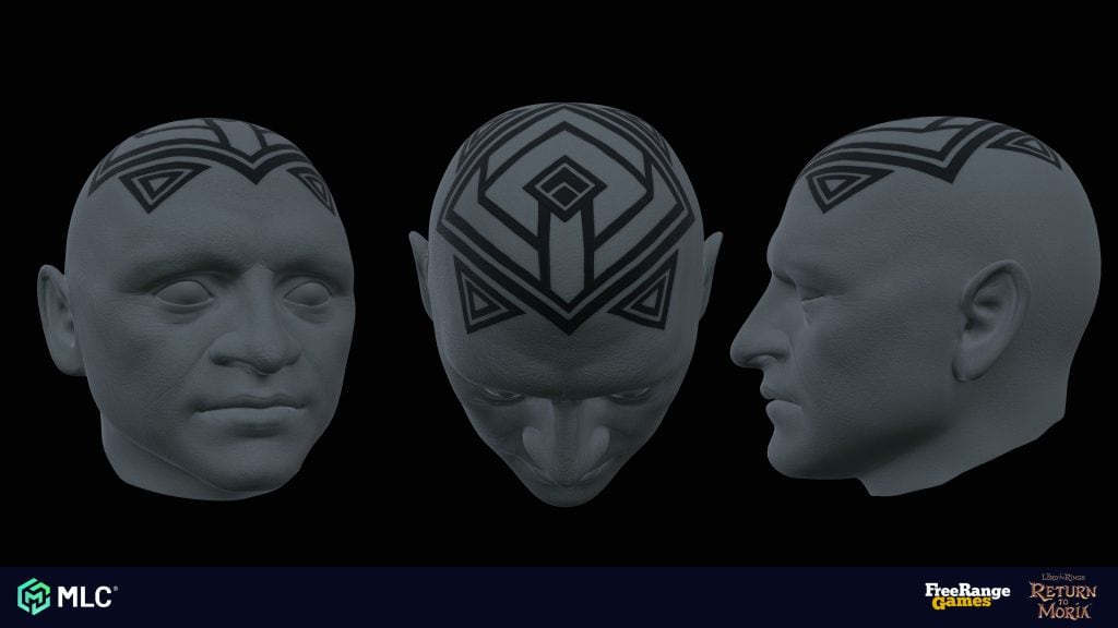 Intricate tribal face tattoos on three grey mannequin heads from different angles, set against a black background for a high-contrast, digital art style scene.