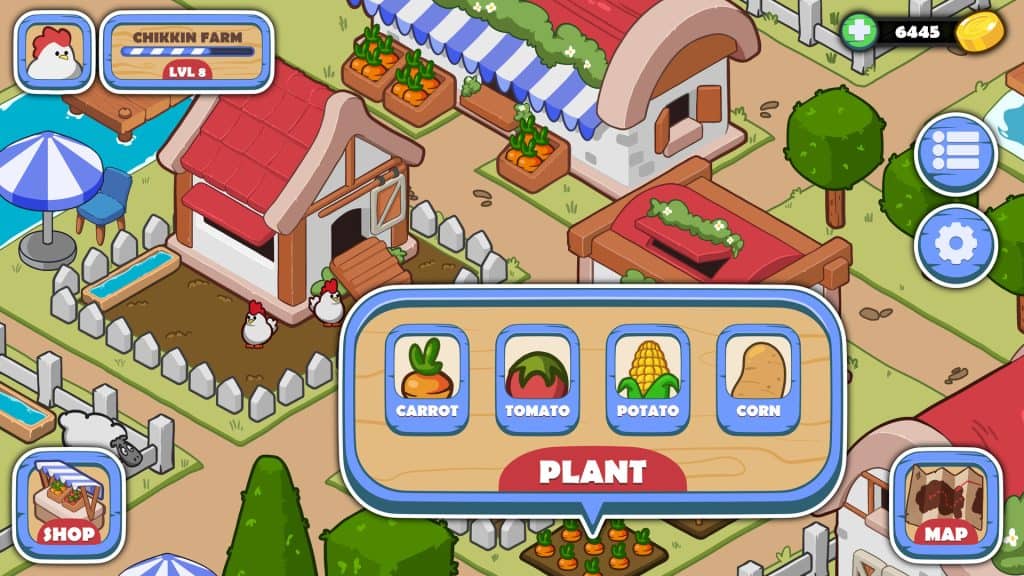 Carrot, tomato, potato, corn vegetables in a farm game environment.