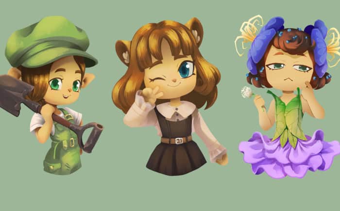 Cute cartoon characters featuring a soldier, a girl winking, and a fairy, illustrating whimsical and diverse game art designs for indie and AA game development.