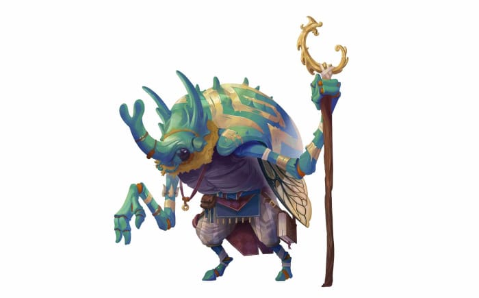 A colourful fantasy insect-like creature with a staff, detailed armor, and insect wings, blending elements of fantasy and nature in a whimsical art style.