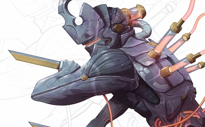 Mechanical dolphin with robotic and cybernetic enhancements, featuring tubes and glowing elements, set against a technical background.