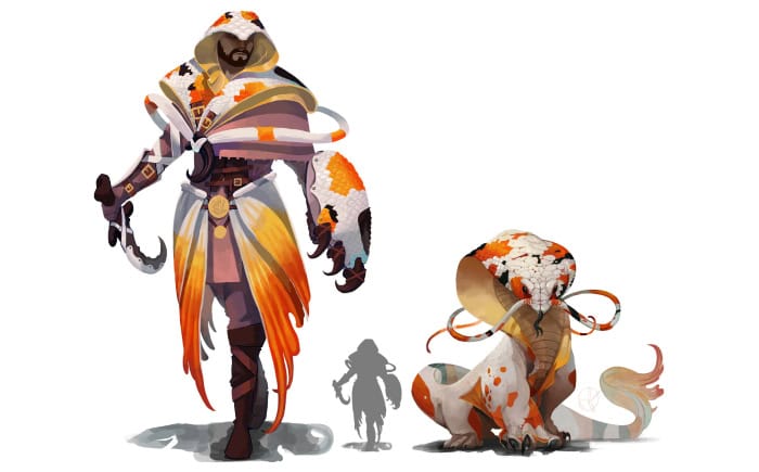 Koi humanoid creature with fox-like features, wearing a detailed hood and robe, holding a hook, with a second smaller animal figure, fantasy art style, vibrant colours, conceptual character design.