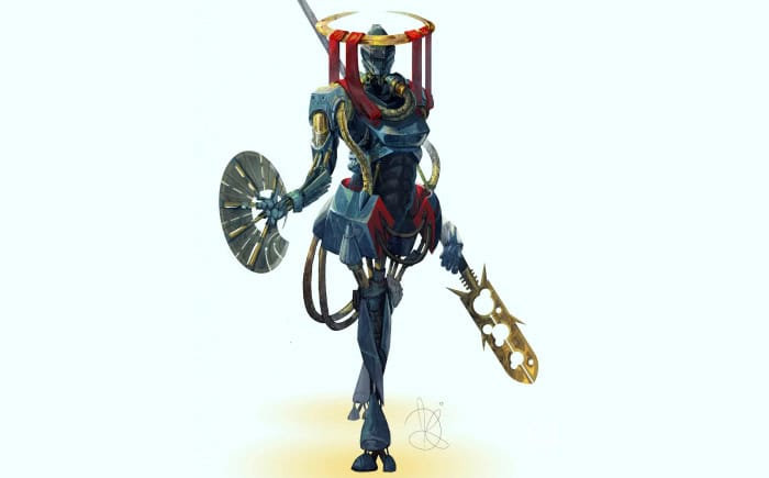 High-tech futuristic warrior with a helmet, shield, and laser weapon, set against a plain background, showcasing detailed sci-fi character design.