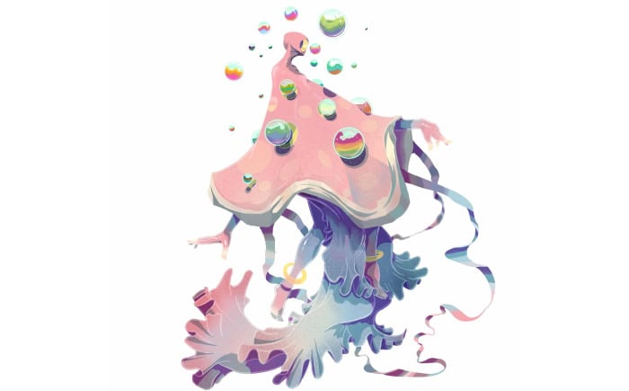 Pink and blue fantastical mushroom creature with rainbow-colored spheres, whimsical and surreal, digital art style, highly detailed fantasy character design for game artwork.