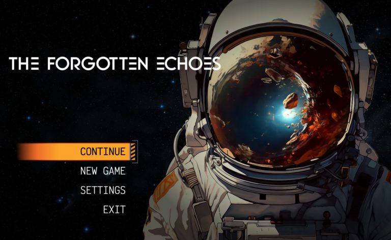 Explorer-themed space game menu screen featuring an astronaut with a reflective helmet visor showing a cosmic scene, in a sci-fi style.