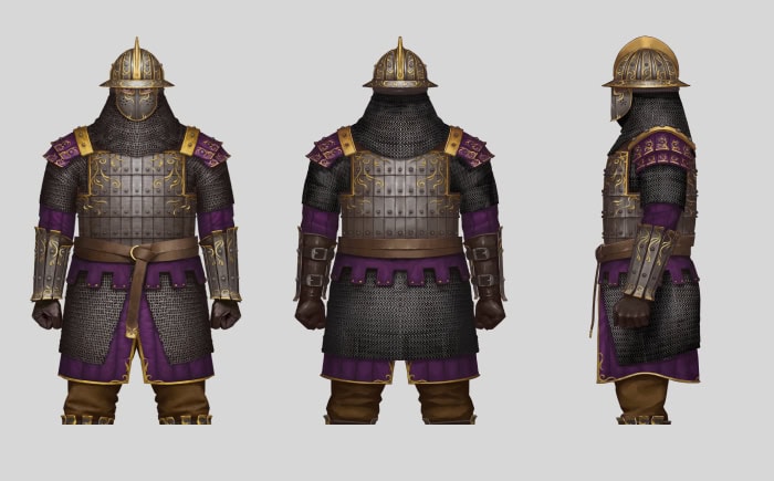 Chainmail knight in purple and gold armour, front, back, and side views showcasing detailed medieval character design.