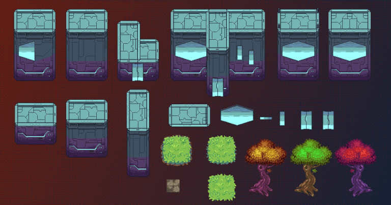 Pixel art futuristic game environment with buildings, trees, and terrain, suitable for indie game development.