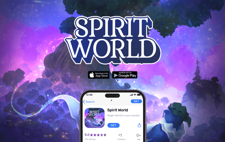 Downloadable mobile game app icon for Spirit World with a cosmic background and fantasy creatures.