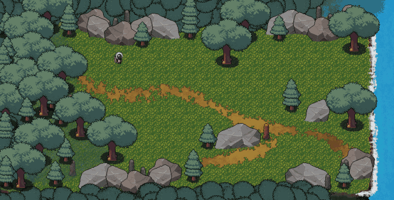 Pixel art forest landscape with trees rocks and a pathway, top-down view for game design or animation projects.
