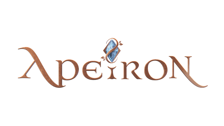 Mysterious logo featuring a glowing blue crystal embedded in a copper-like inscription reading 'Aperon'. Elegant fantasy design with intricate details, perfect for game branding and marketing content.