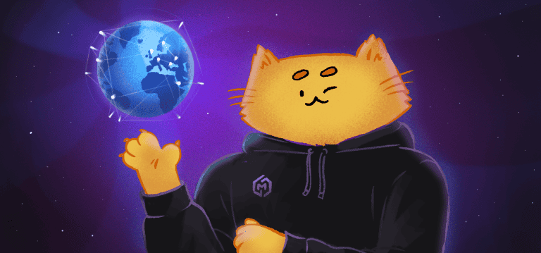 Earth globe with digital network connections in space, digital art of a cartoon cat in a hoodie pointing at a holographic Earth, space-themed digital illustration for game art and marketing content relevance.