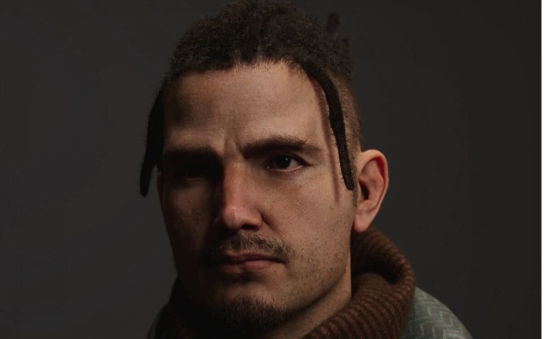 Portrait of a man with short dark hair and a serious expression, wearing a brown scarf and green jacket against a dark background, high detail, cinematic lighting, realistic style.