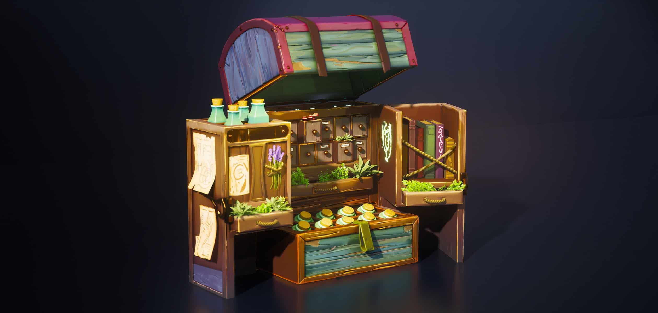 Chest of mystical herbs and potion bottles with an open treasure chest and vibrant plants, set against a dark background.
