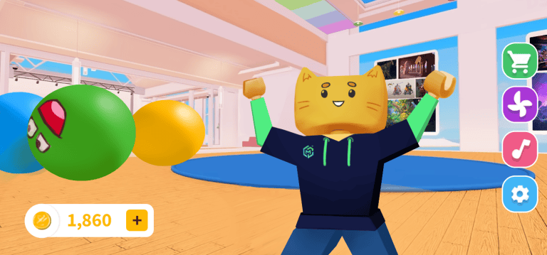Balloon with a face, smiling cat avatar in a virtual game environment, colourful digital artwork, gaming avatar celebrating with raised arms in a bright room, relevant to game art and animation content creation.