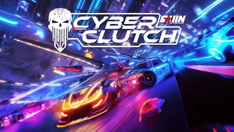 Cyber Clutch futuristic racing game cover art with neon-lit cars crashing on a vibrant city road.