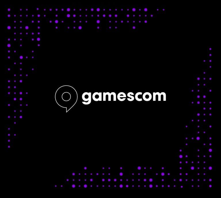 Gamescom logo with purple dotted border on black background, sleek and modern design for gaming event branding.