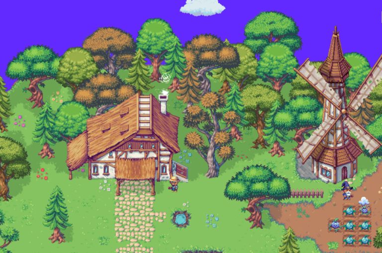 Fairy tale woodland scene with a thatched cottage, a windmill, lush trees, and characters, in a colourful pixel art style.