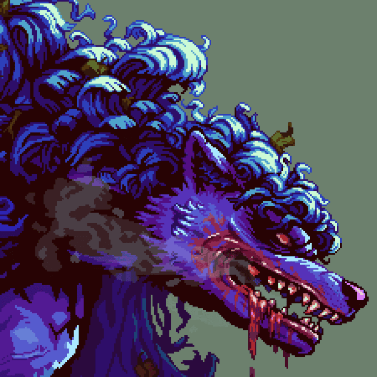 Wolf pixel art in a retro 8-bit style, with detailed shading and vivid colours, featuring a snarling expression and flowing mane, perfect for video game graphics and fantasy themes.