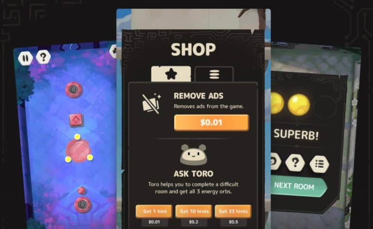 Shop menu with ad removal option and hint system in a mobile game interface.
