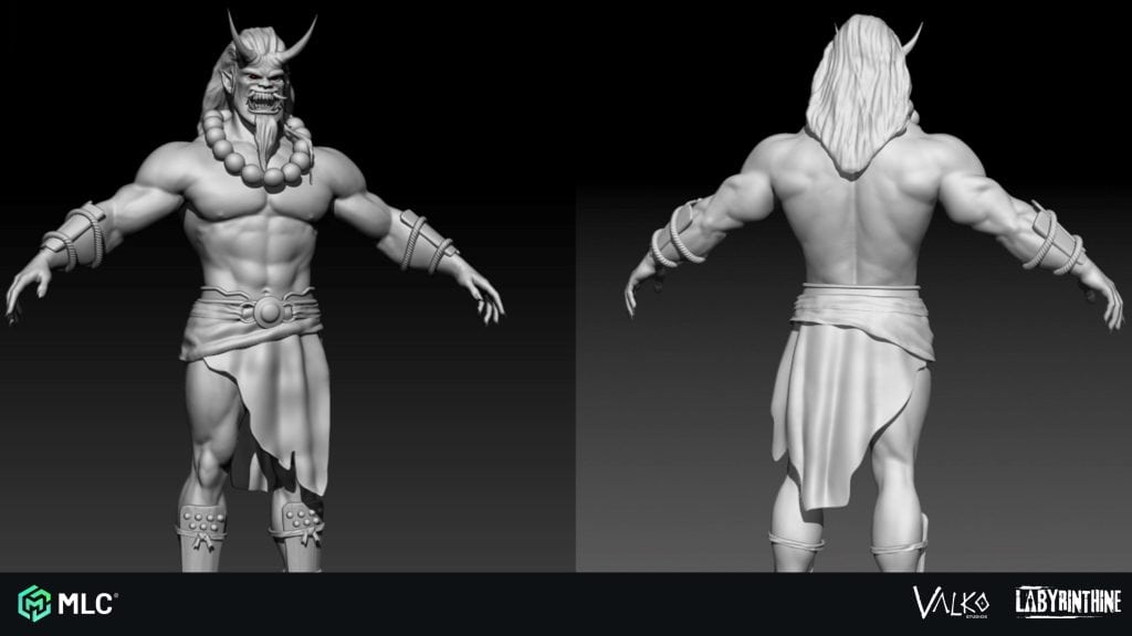 Detailed 3D model of a mythological demon warrior with muscular build, traditional warrior attire, horns, and intricate accessories against a black background.