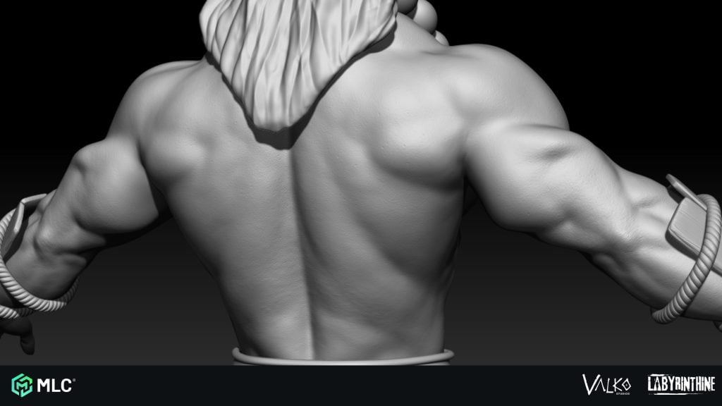 Muscular male character sculpture showing detailed back and arm muscles, with futuristic accessories and a flowing hairstyle, created for game art and marketing content.