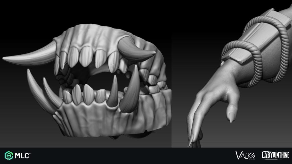 Jagged monster skull with large sharp teeth and claws, alongside a humanoid hand with elongated nails, in a high-detail 3D modelling style for game art and animation.