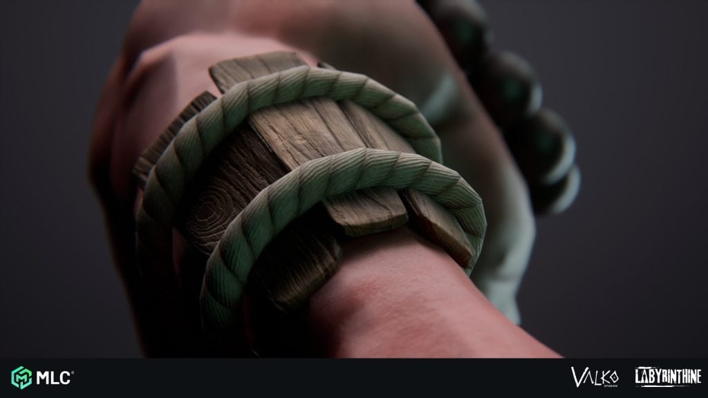 Fichier,hand with wooden and rope accessories,Close-up of a hand with wooden and rope accessories on the fingers showcasing detailed craftsmanship, 3D-rendered model of a hand with intricate wooden and rope accessories, relevant to game art and character design.