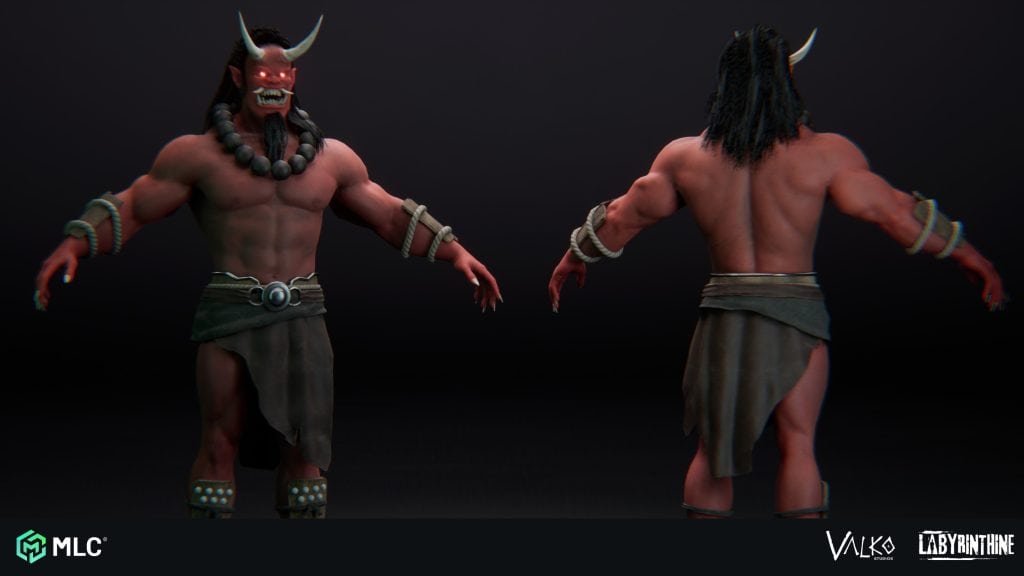 Head of a 3D fantasy demon character with glowing red eyes, large horns, muscular physique, traditional tribal attire, and detailed accessories, front and back view.