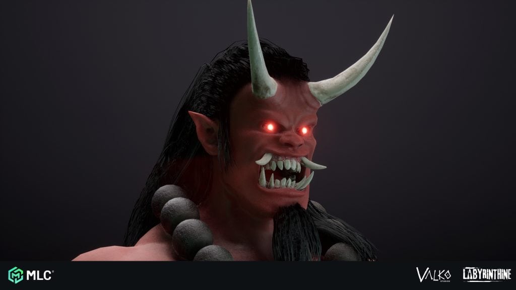 Evil demon mask with glowing red eyes, large horned head, fanged mouth, pointy ears, long black hair, and bead necklace, dark background, digital fantasy illustration.