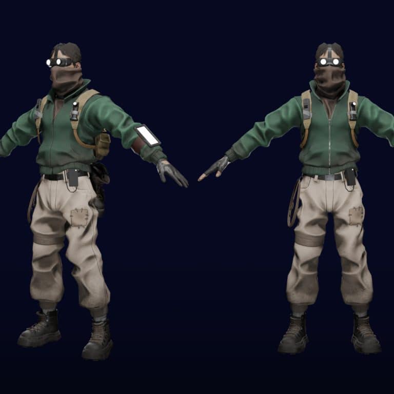 VR explorer character in tactical gear with green hoodie and beige cargo trousers, wearing goggles and equipped with tech accessories.