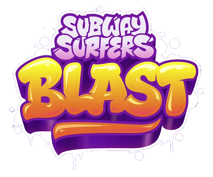 Subway surfers blast logo featuring bold, colourful graffiti-style text with vibrant purple, orange, and yellow elements, surrounded by a dynamic splash background.