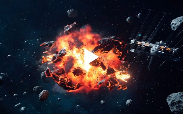 Exploding asteroid collision in space with debris and fiery explosion near a space station, universe science fiction, detailed cosmic scene, futuristic technology, space battle.