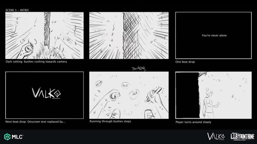 Bushes rushing towards camera in dark setting with sketchy hand-drawn style, storyboard panel for game animation development, with text overlays and character movements.