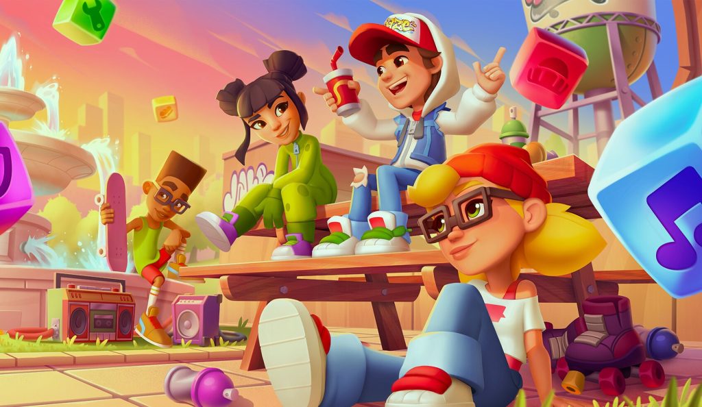 Skateboarding kids hanging out in park with roller skates and boombox, colorful cartoon characters relaxing and enjoying sunny day, vibrant playground scene with floating blocks and water fountain, animated game art style.