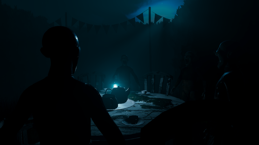 Moonlit dinner scene with silhouetted people gathered around a rustic outdoor table under dark sky, lively atmosphere, warm candlelight illuminating faces, at night, surrounding trees, festive decorations in background, realistic style.