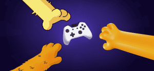 Pixel art style game controllers with cartoon animal paws reaching towards each other, vibrant digital illustration for gaming or entertainment themes.