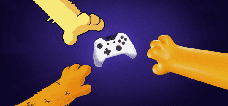 Pixel art style game controllers with cartoon animal paws reaching towards each other, vibrant digital illustration for gaming or entertainment themes.