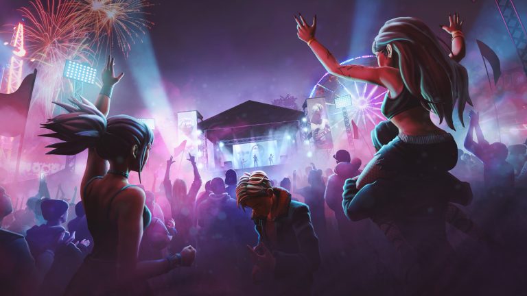 Fireworks, concert crowd, stage with performers, night festival, colourful lights, audience dancing, energetic music, digital art style, vibrant atmosphere, entertainment event.