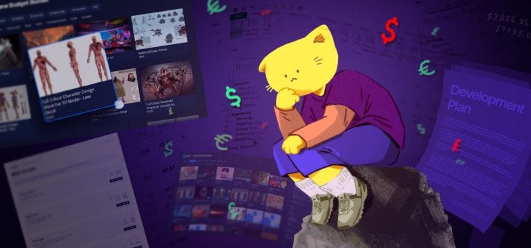 Character design concept art sitting on rock with financial charts and game art thumbnails in the background, colourful and stylised illustration for game development and marketing content, digital art.