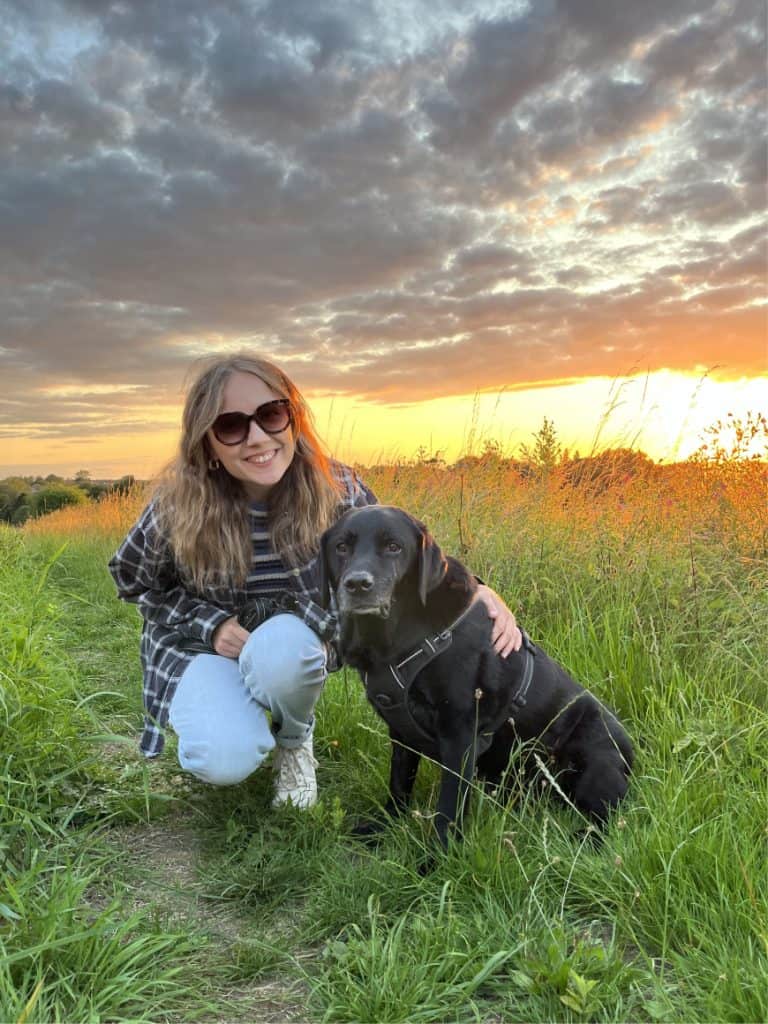 Sunset landscape with woman and black dog outdoors during golden hour, field with tall grass and vibrant clouds, peaceful and scenic natural environment, evening with warm sunset glow.