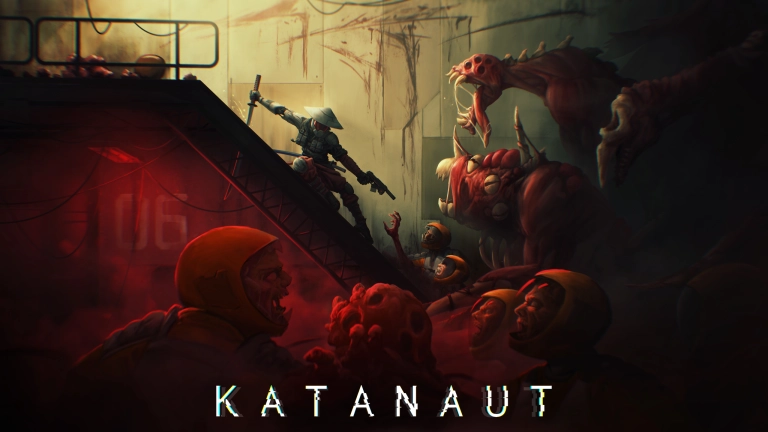 Human soldier in futuristic combat gear fighting alien creatures at night, dark sci-fi cityscape, intense action scene with weapons, neon lights, and monstrous adversaries - "KATA NAUT" game art.