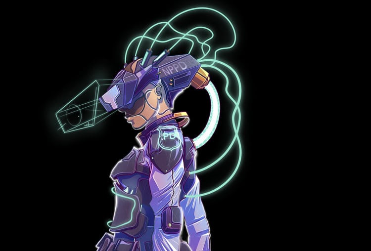 VR police officer in a futuristic cyberpunk setting, wearing advanced gear and a holographic visor with neon light effects.